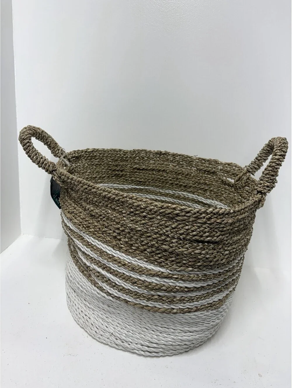 Large Woven Natural Fiber Storage Basket - Beige & White NEW WITH TAGS